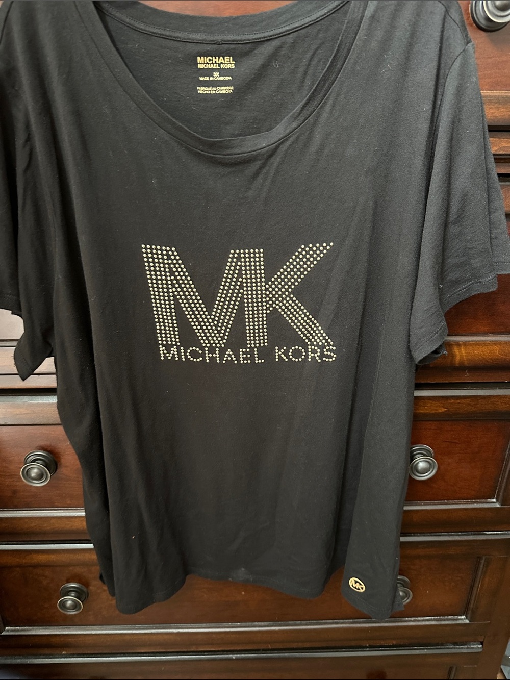 Michael Kors Black Short Sleeve Tee with Gold Studded MK Logo